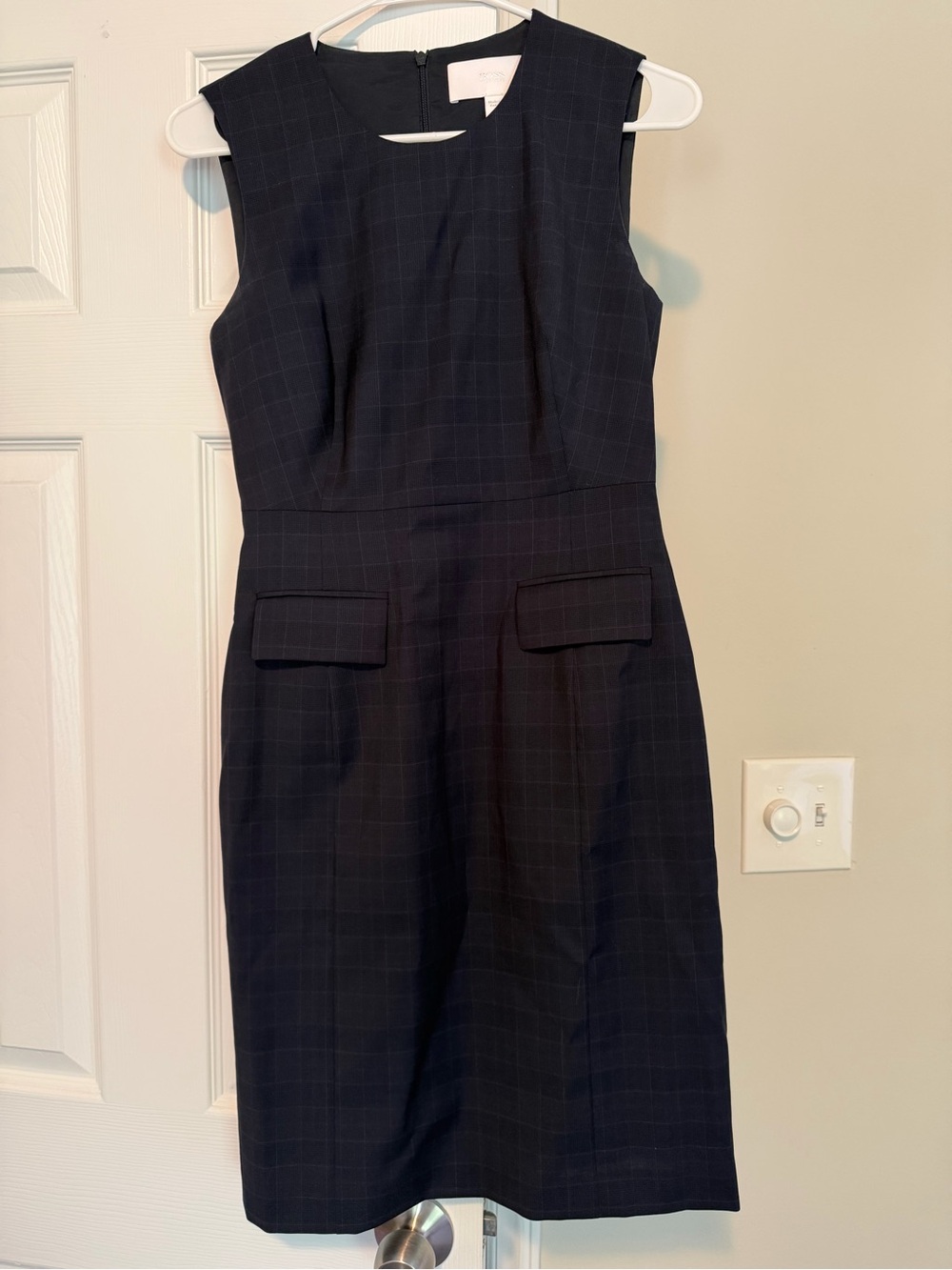 Hugo Boss Sleeveless Navy Plaid Sheath Dress